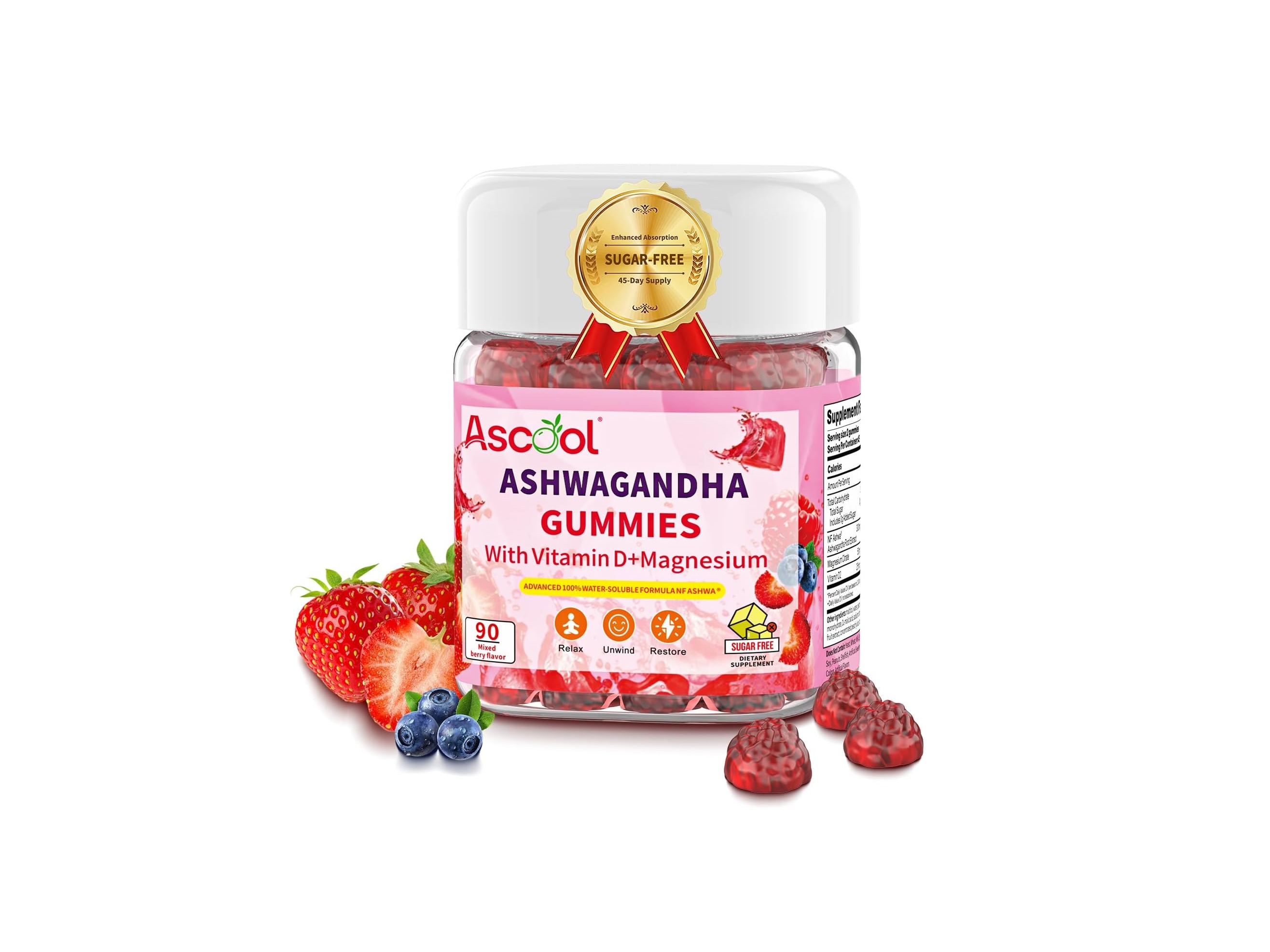 Ashwagandha Gummies for Stress Relief & Clam with Magnesium + Vitamin D – 90 Count Sugar-Free, Vegan Ashwa Supplements