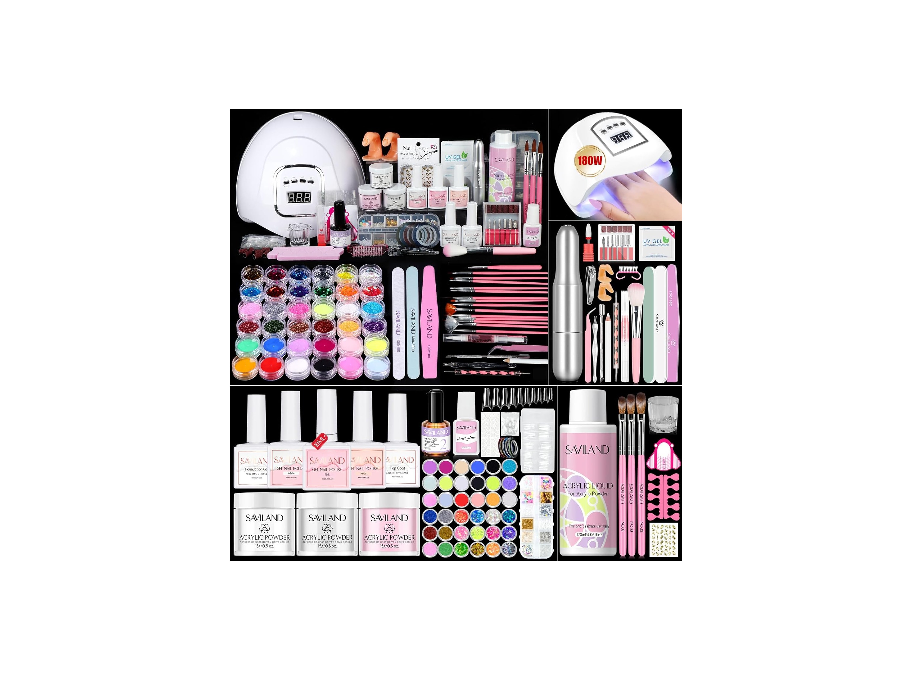 Saviland Acrylic Nail Kit for Beginners: Keratin Acrylic Powder Castor Oil Vitamin E Gel Nail Polish Primer 180W Nail Lamp Nail Drill Full Tools Everything Home Starters