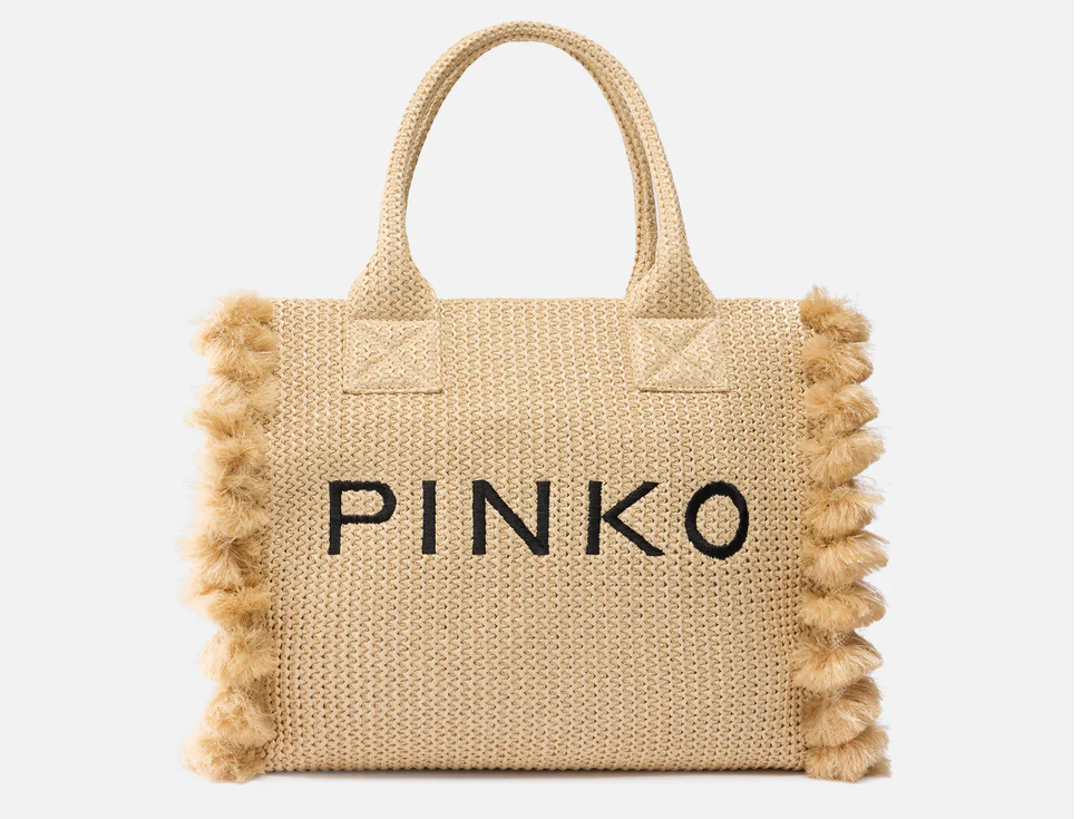 Medium Beach shopping tote in raffia with logo and tassels