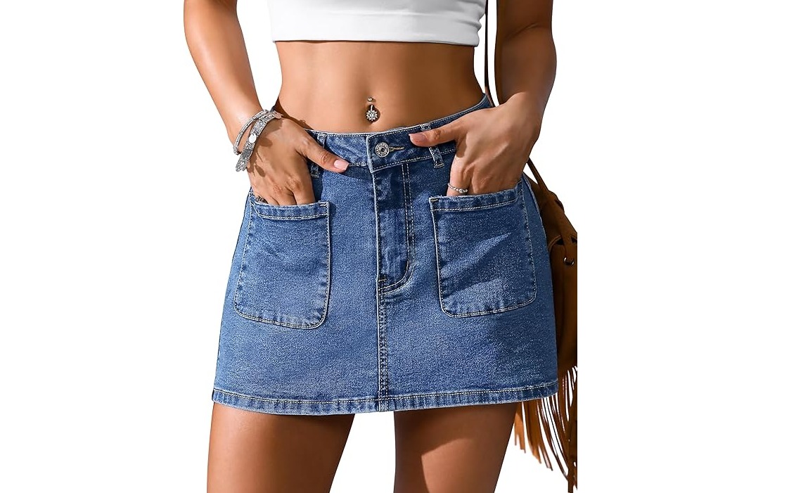 Eddoyee Women Y2K Elastic Denim Skort, Mid Rise Mini Skirt with Pockets & Built-in Shorts